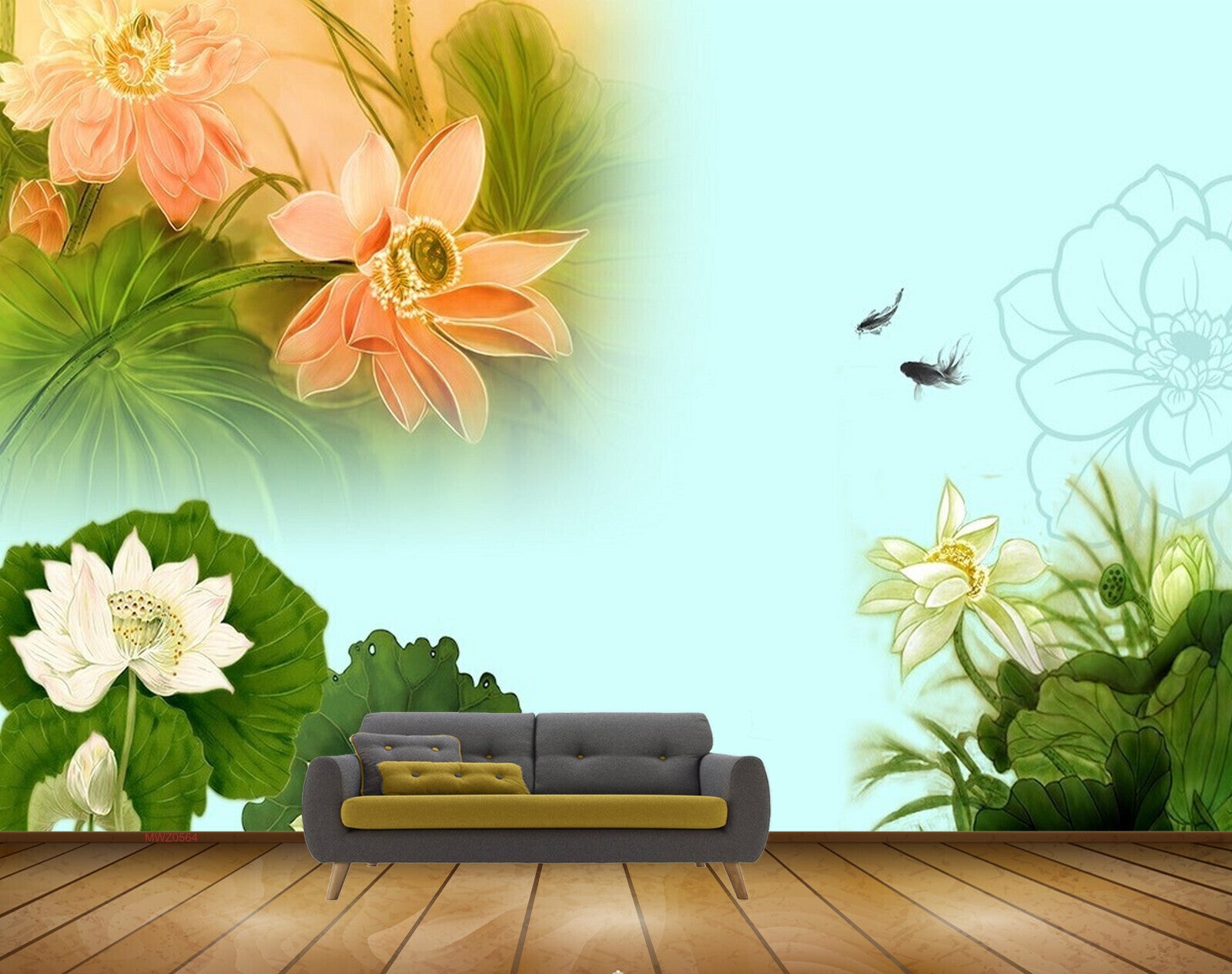 Avikalp MWZ0564 White Pink Flowers Fishes Leaves 3D HD Wallpaper