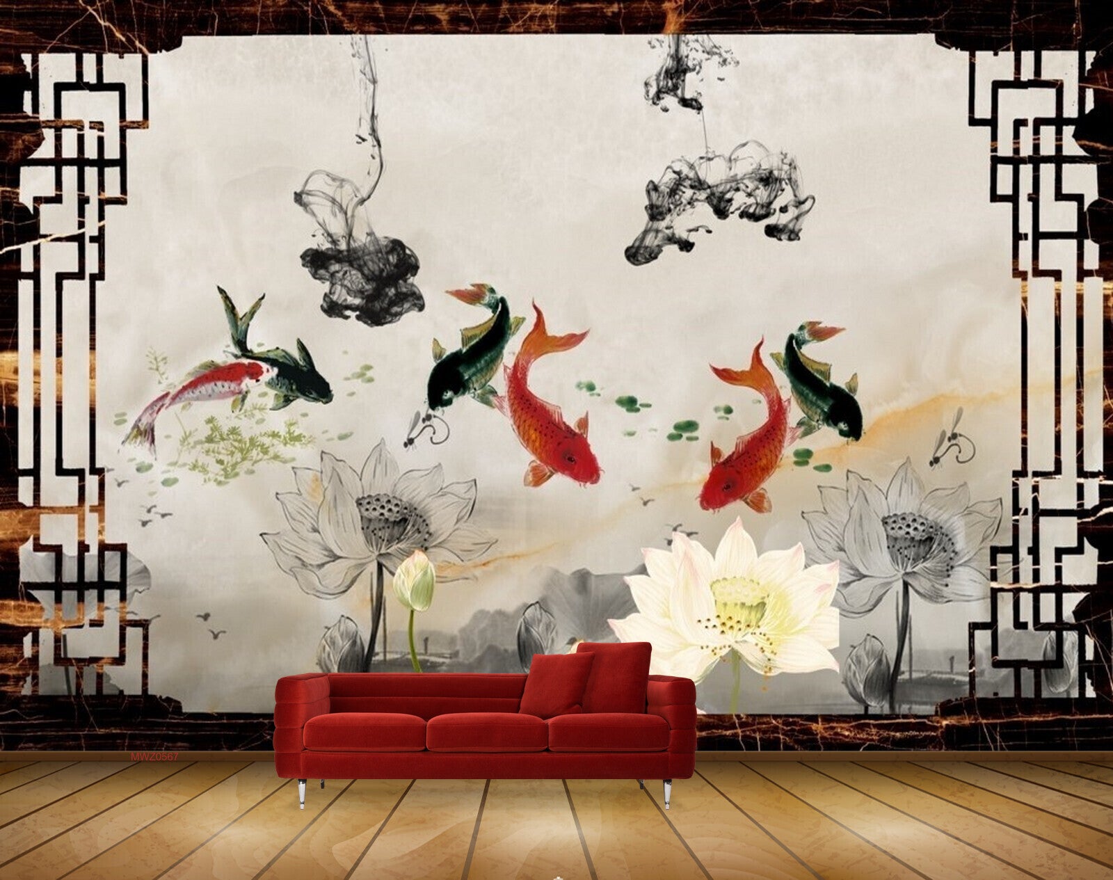Avikalp MWZ0567 White Grey Flowers Fishes 3D HD Wallpaper