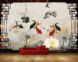 Avikalp MWZ0567 White Grey Flowers Fishes 3D HD Wallpaper