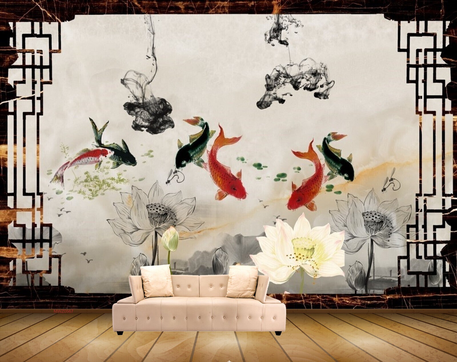 Avikalp MWZ0567 White Grey Flowers Fishes 3D HD Wallpaper