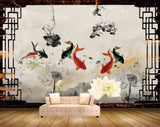 Avikalp MWZ0567 White Grey Flowers Fishes 3D HD Wallpaper
