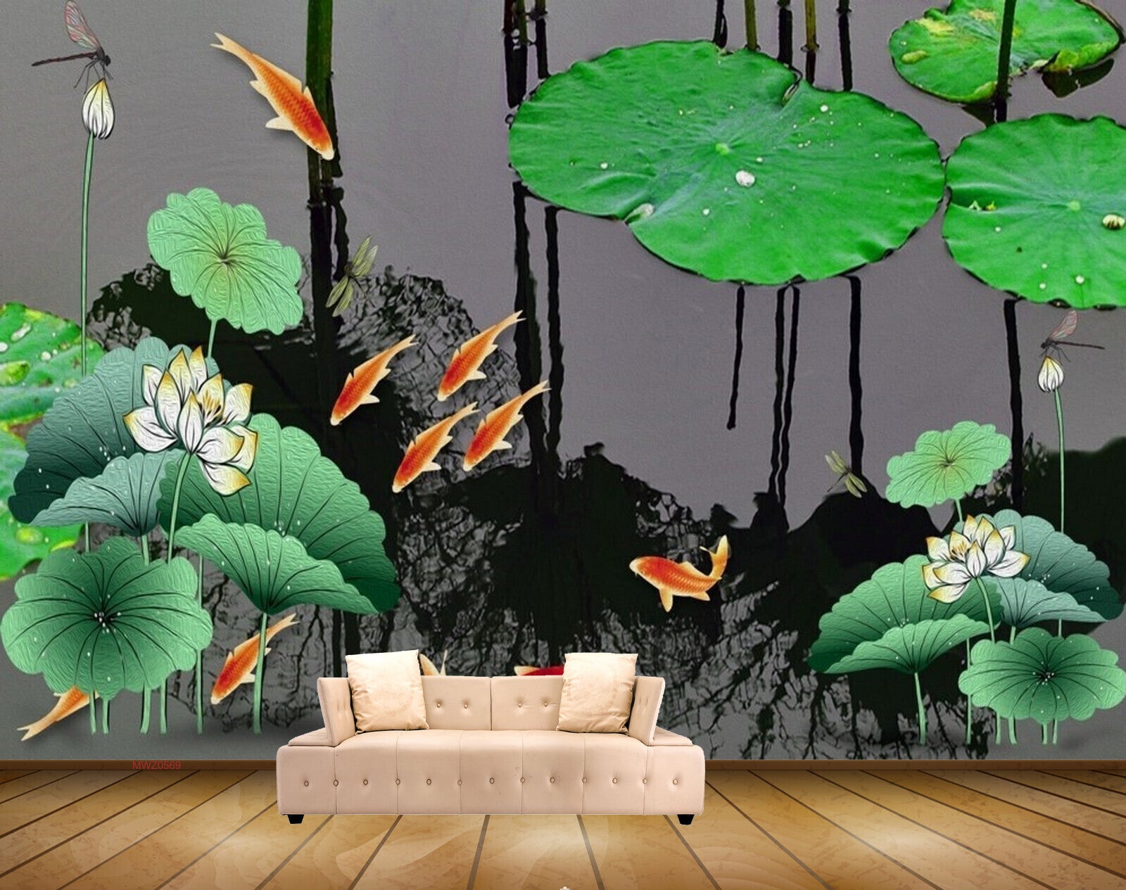 Avikalp MWZ0569 White Flowers Leaves Orange Fishes Flies HD Wallpaper