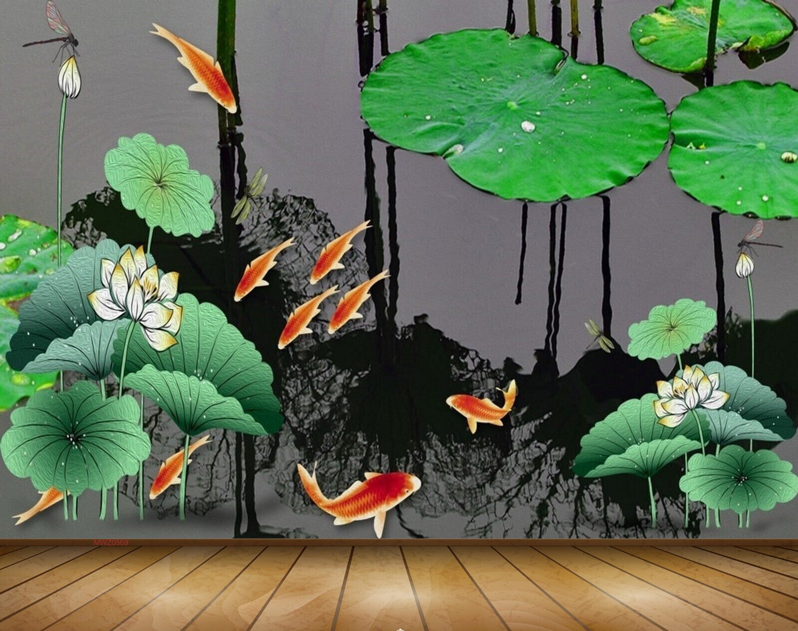 Avikalp MWZ0569 White Flowers Leaves Orange Fishes Flies 3D HD Wallpaper