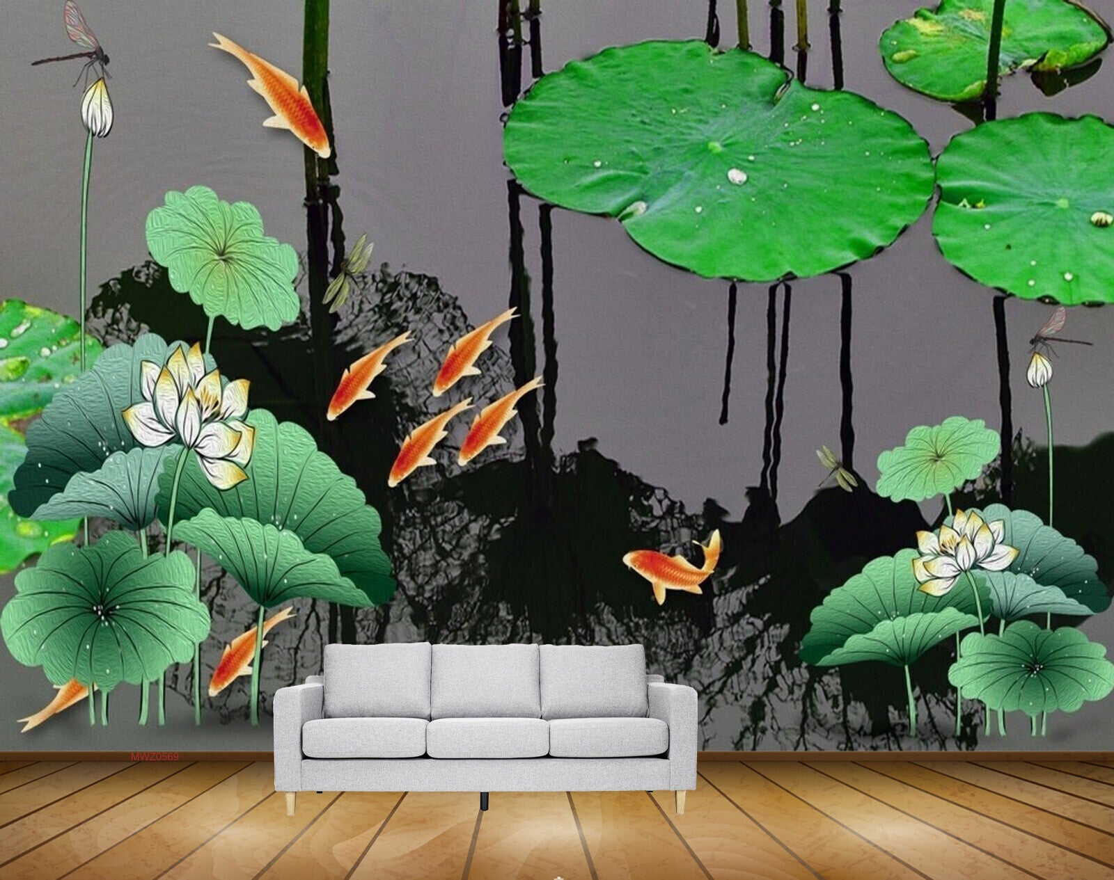 Avikalp MWZ0569 White Flowers Leaves Orange Fishes Flies 3D HD Wallpaper