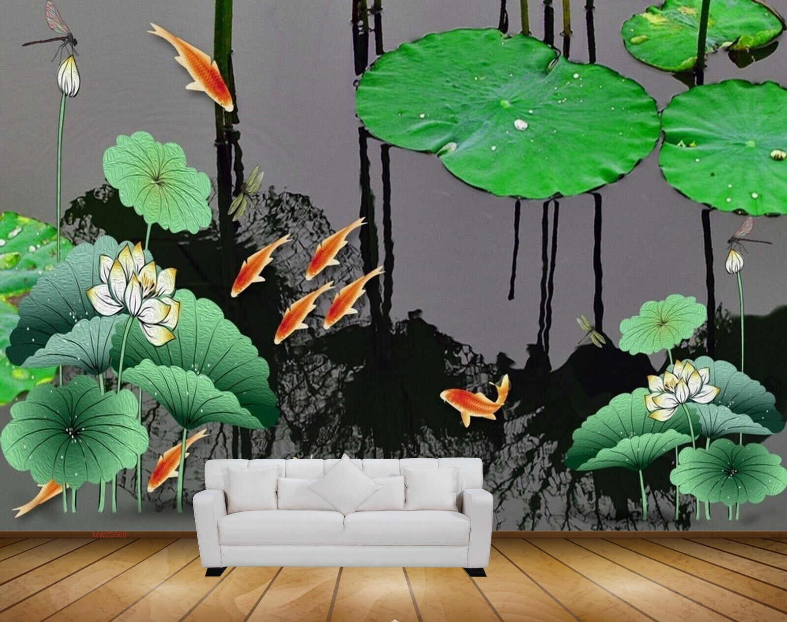 Avikalp MWZ0569 White Flowers Leaves Orange Fishes Flies 3D HD Wallpaper