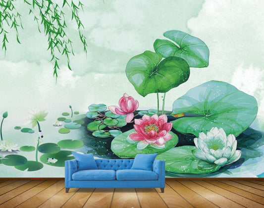 Avikalp MWZ0570 Pink White Lotus Flowers Leaves Creepers HD Wallpaper