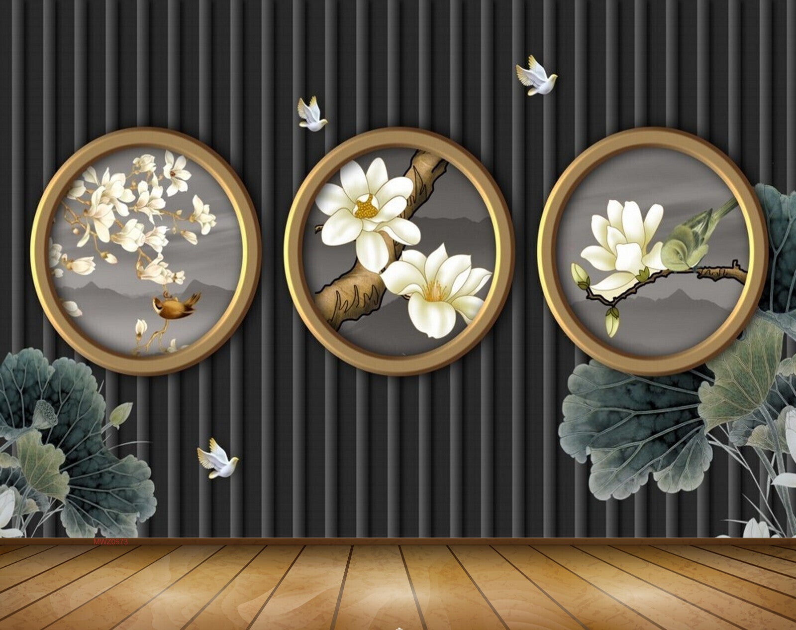 Avikalp MWZ0573 White Flowers Leaves Birds 3D HD Wallpaper