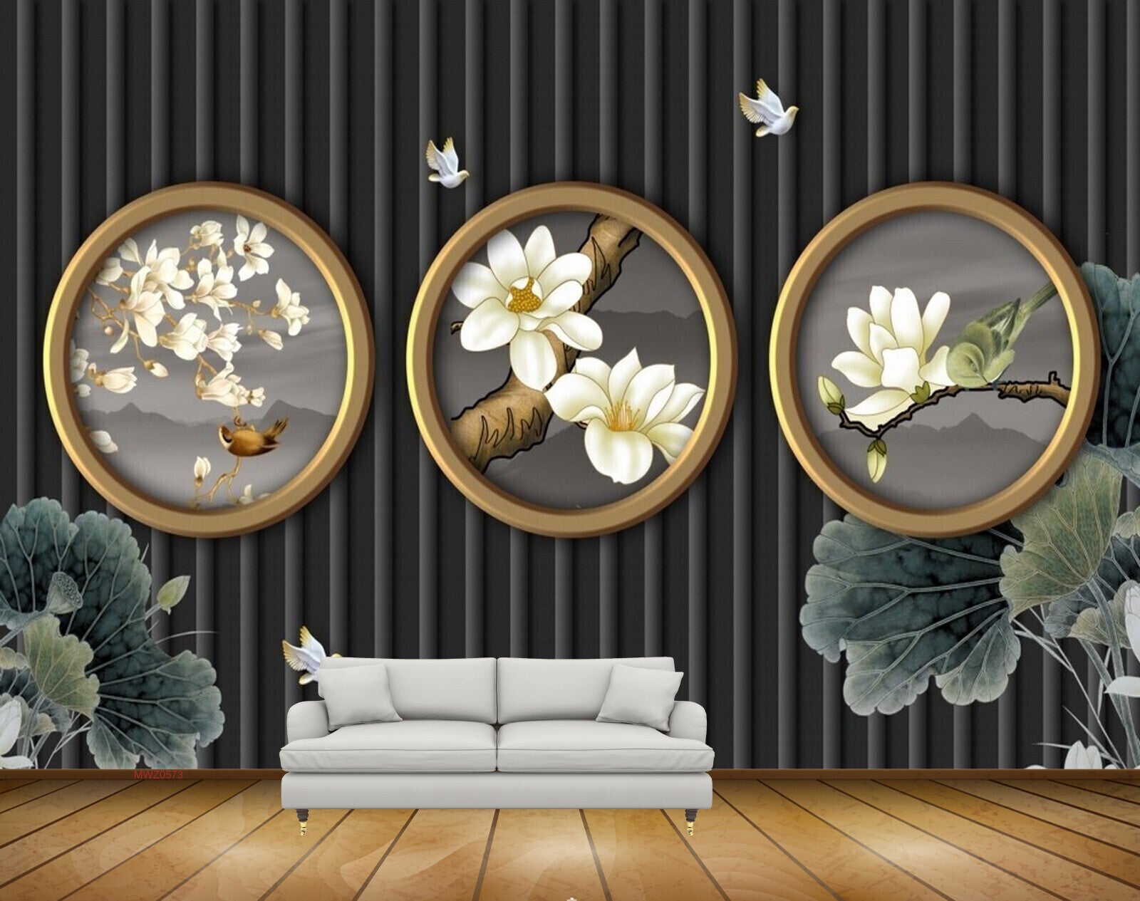 Avikalp MWZ0573 White Flowers Leaves Birds 3D HD Wallpaper