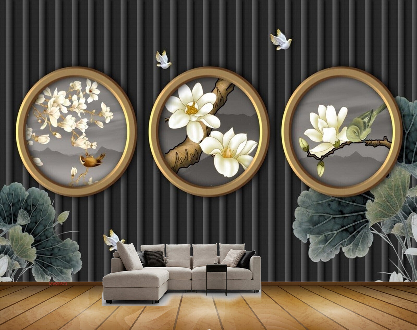 Avikalp MWZ0573 White Flowers Leaves Birds 3D HD Wallpaper