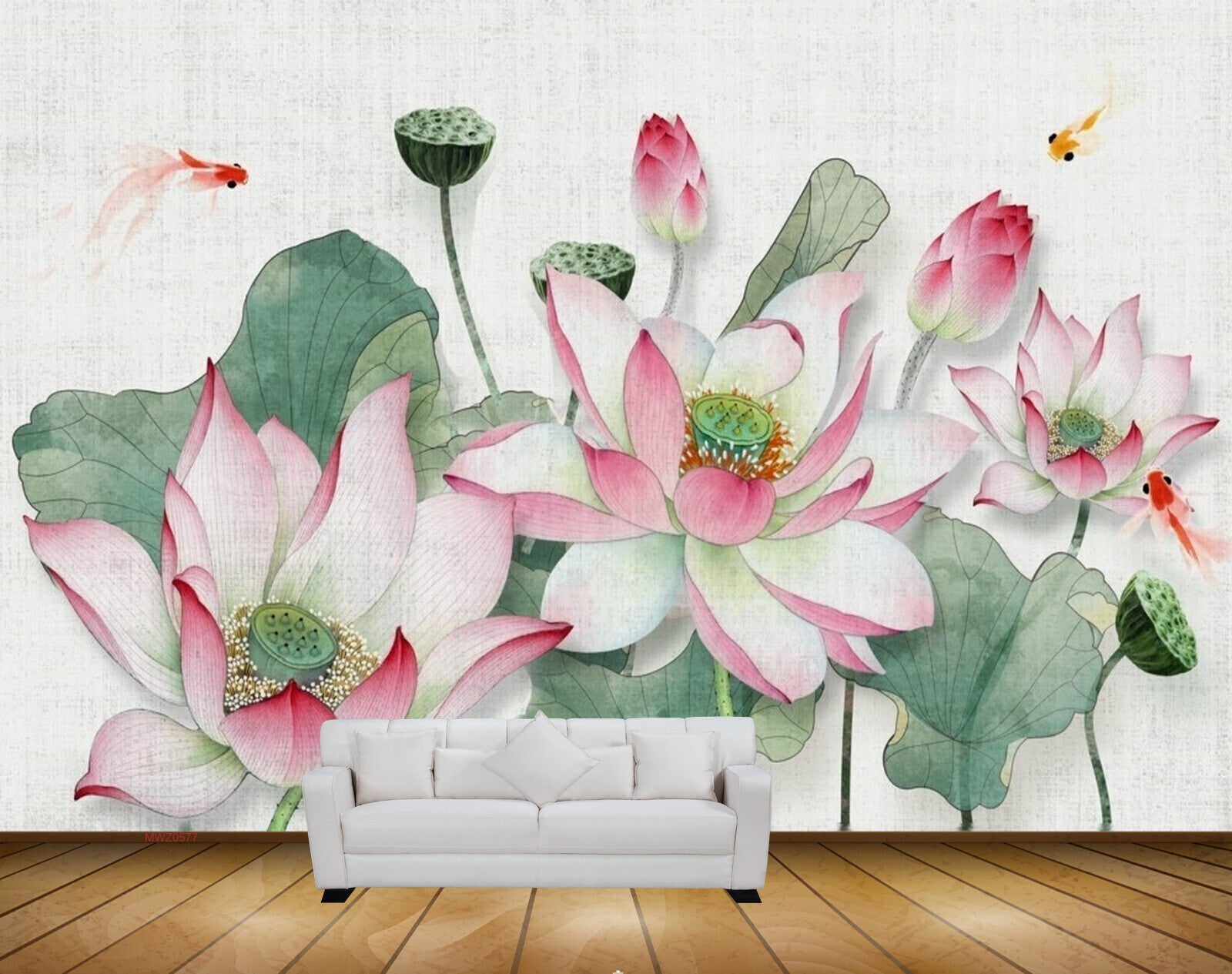 Avikalp MWZ0577 Pink Flowers Fishes Leaves 3D HD Wallpaper
