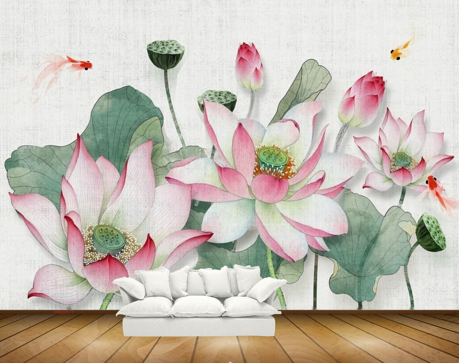Avikalp MWZ0577 Pink Flowers Fishes Leaves 3D HD Wallpaper