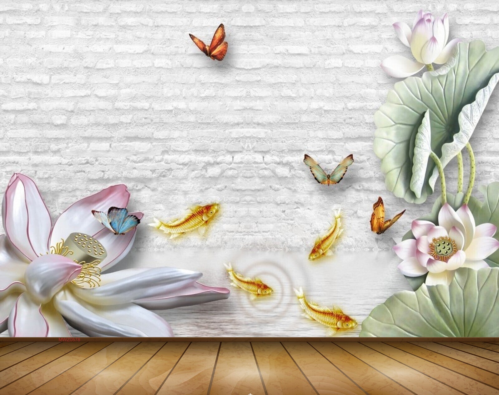 Avikalp MWZ0578 White Pink Flowers Butterflies Fishes Leaves 3D HD Wallpaper