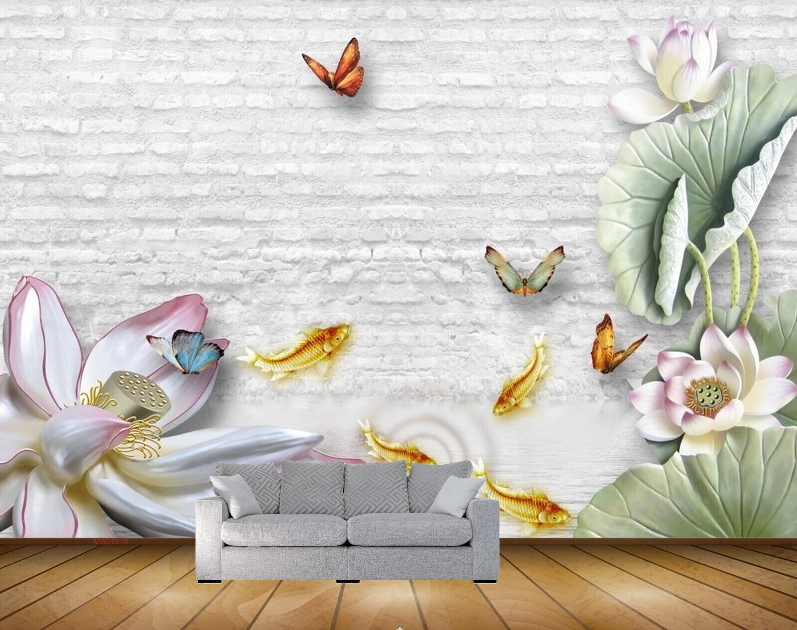 Avikalp MWZ0578 White Pink Flowers Butterflies Fishes Leaves 3D HD Wallpaper