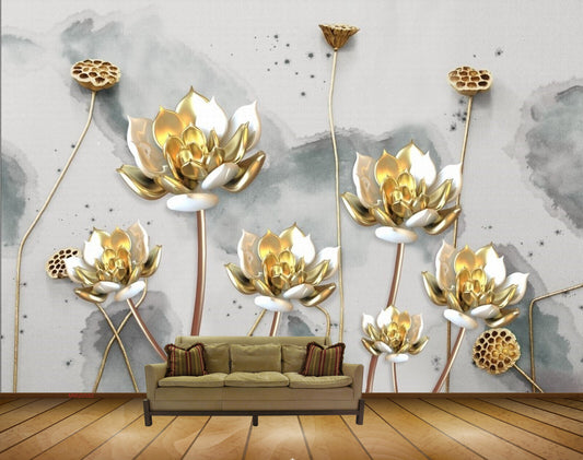 Avikalp MWZ0582 White Golden Flowers HD Wallpaper
