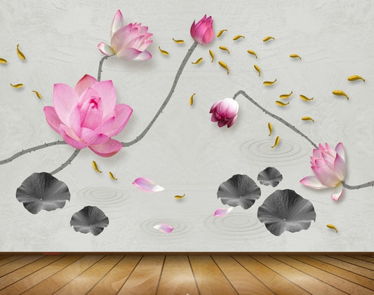 Avikalp MWZ0583 Pink Flowers Fishes Leaves 3D HD Wallpaper