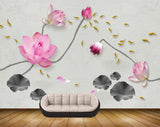 Avikalp MWZ0583 Pink Flowers Fishes Leaves 3D HD Wallpaper