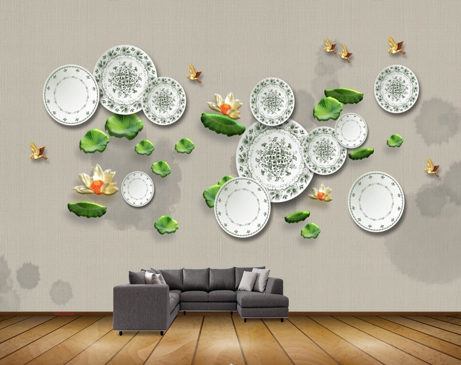 Avikalp MWZ0586 Plates Golden Flowers Butterflies Leaves 3D HD Wallpaper