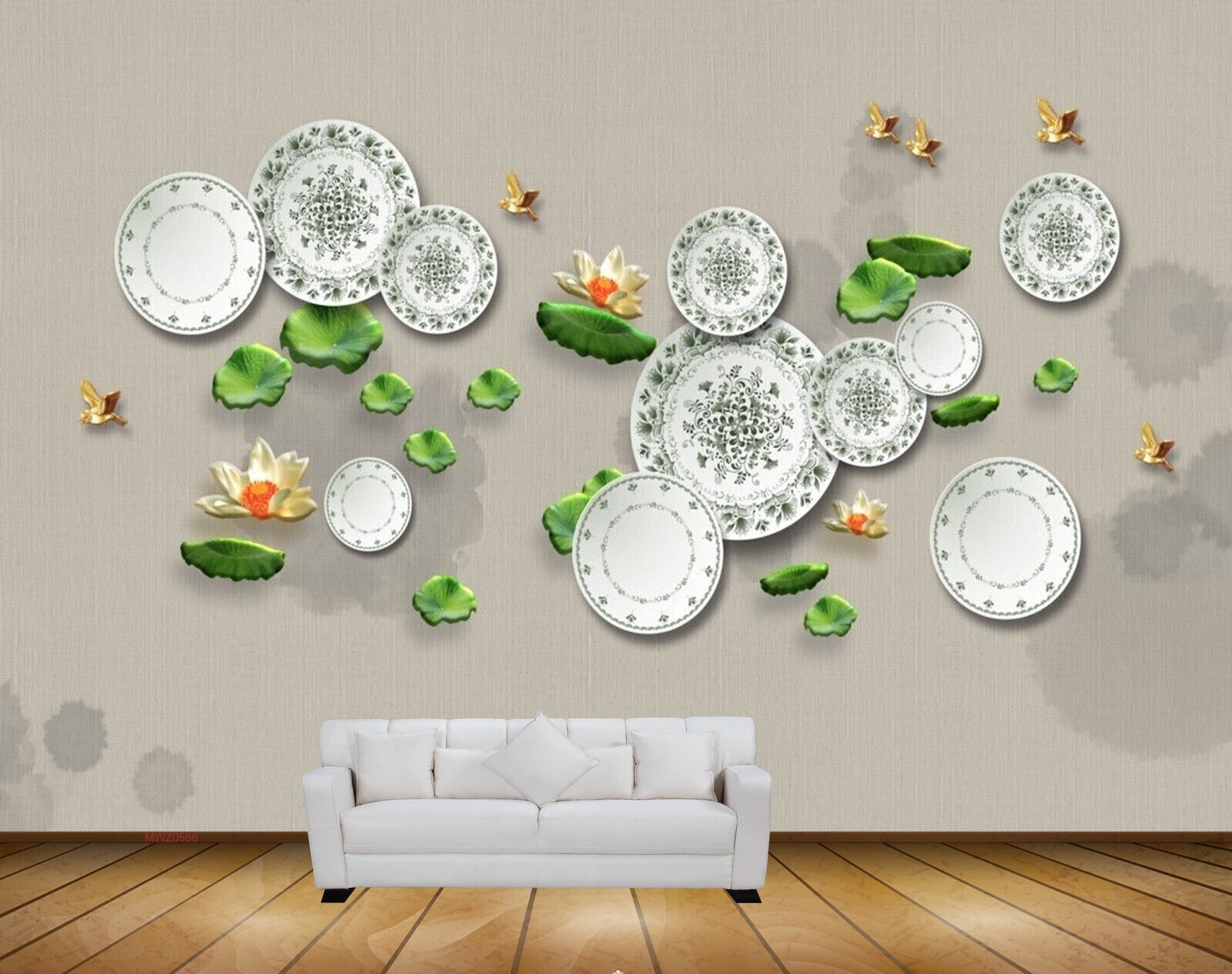 Avikalp MWZ0586 Plates Golden Flowers Butterflies Leaves 3D HD Wallpaper