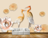Avikalp MWZ0587 Crane Pink Flowers Leaves 3D HD Wallpaper