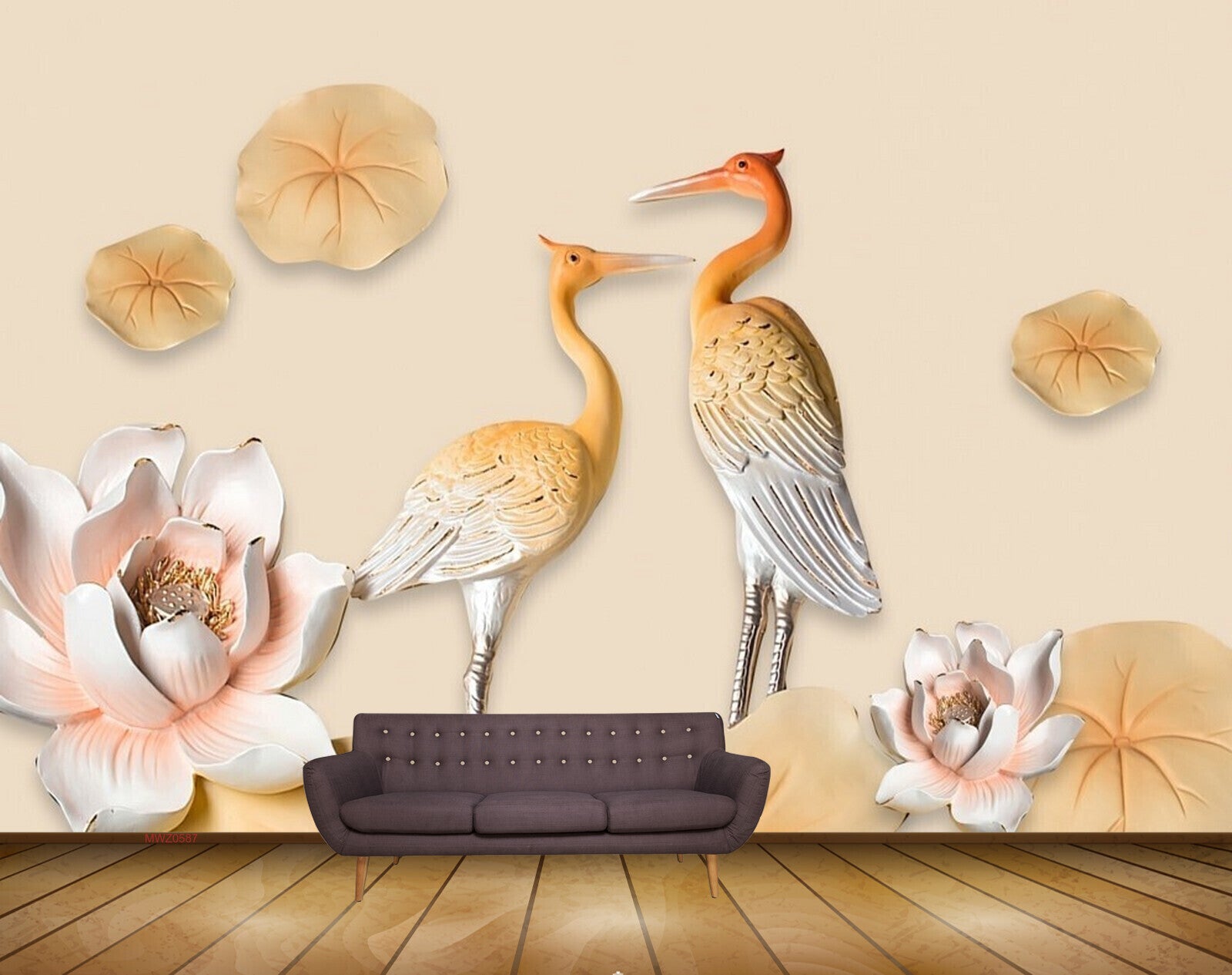 Avikalp MWZ0587 Crane Pink Flowers Leaves 3D HD Wallpaper
