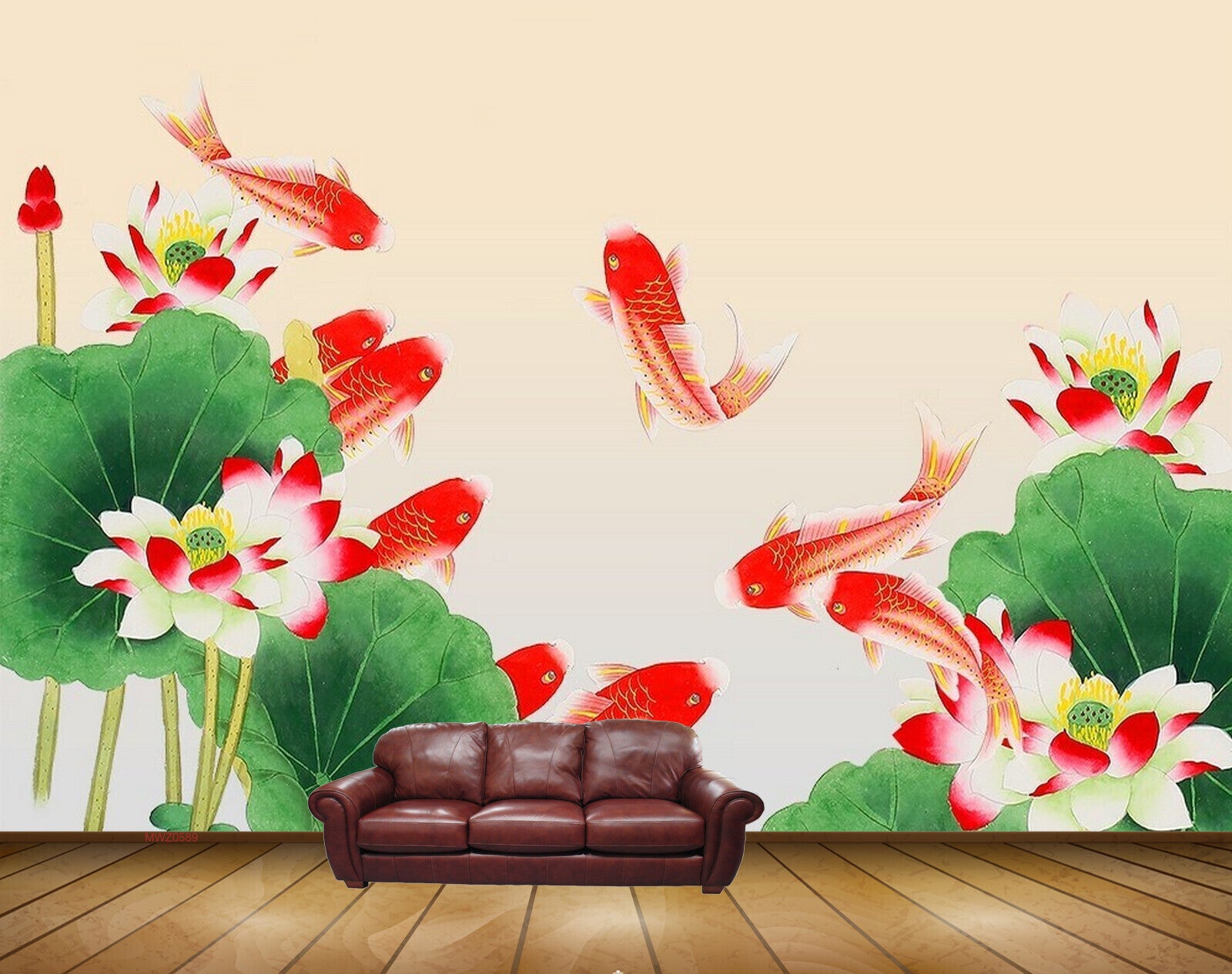 Avikalp MWZ0589 Fishes Red Flowers Leaves HD Wallpaper
