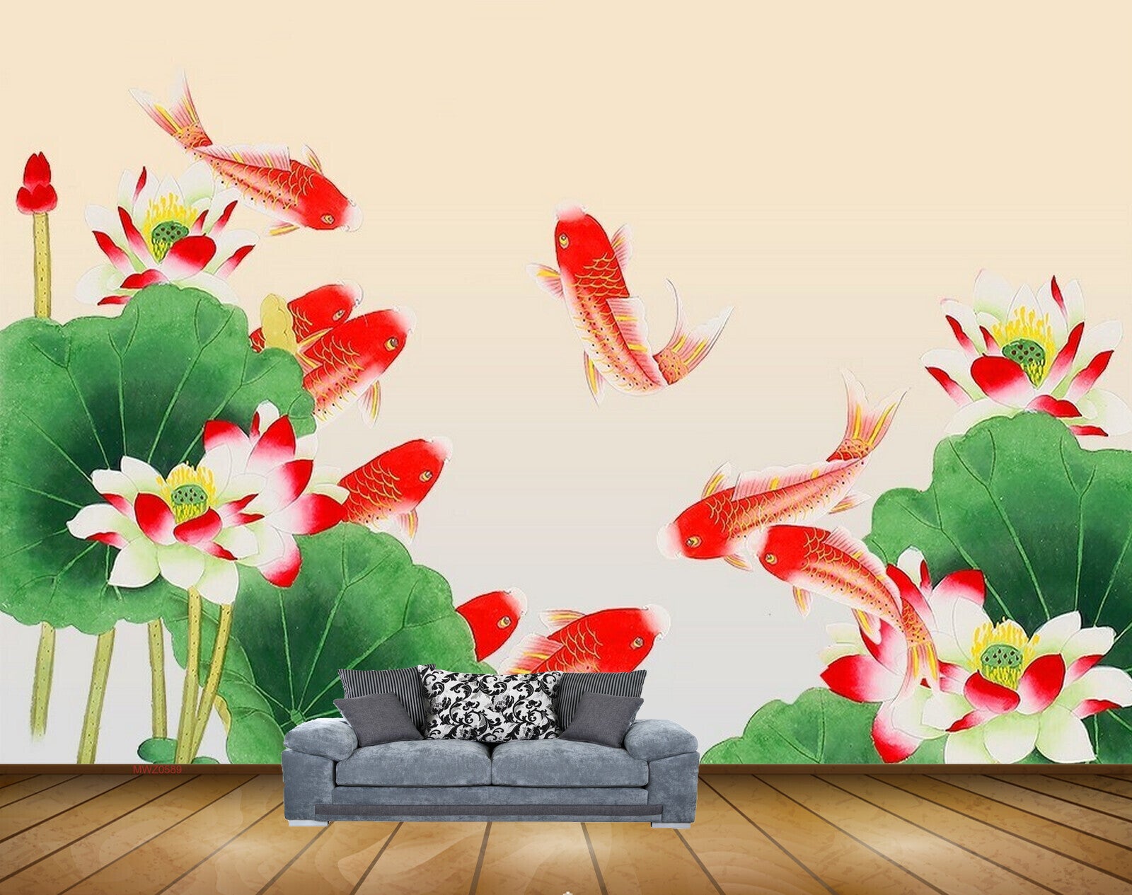 Avikalp MWZ0589 Fishes Red Flowers Leaves 3D HD Wallpaper