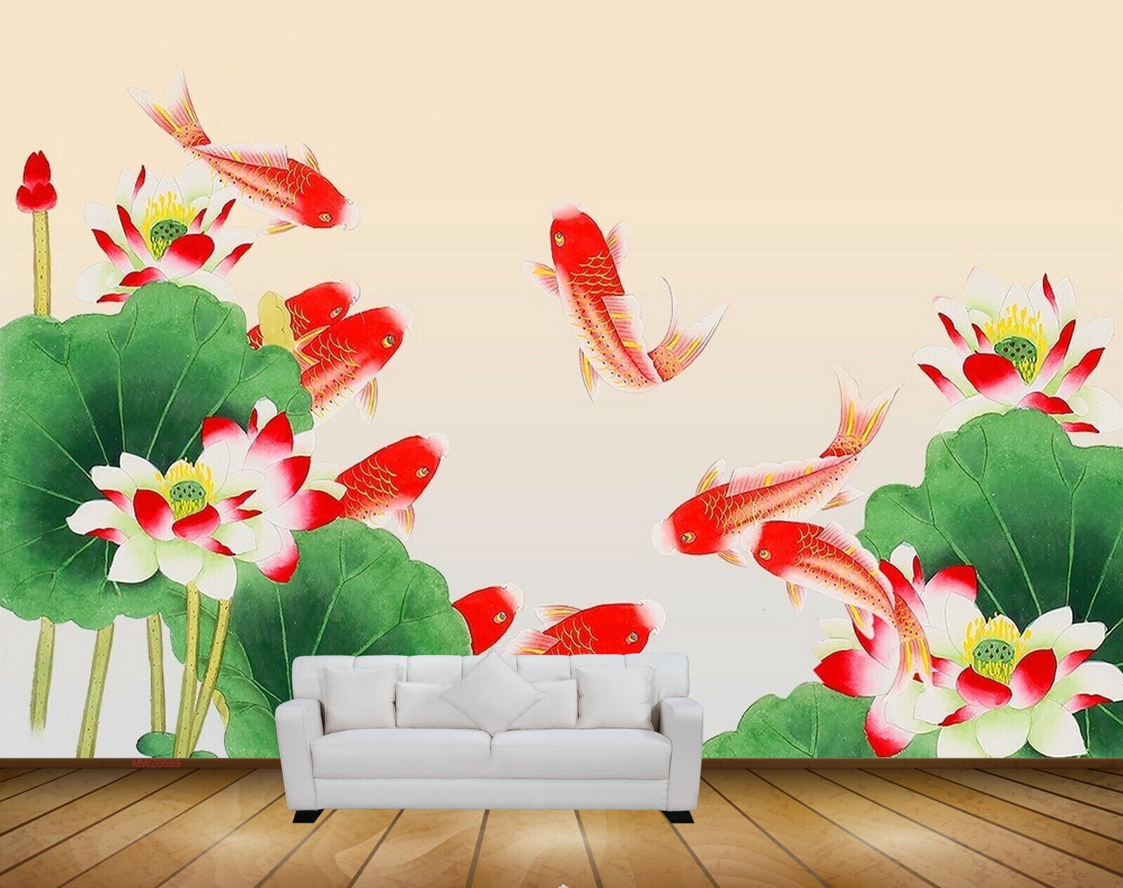 Avikalp MWZ0589 Fishes Red Flowers Leaves 3D HD Wallpaper