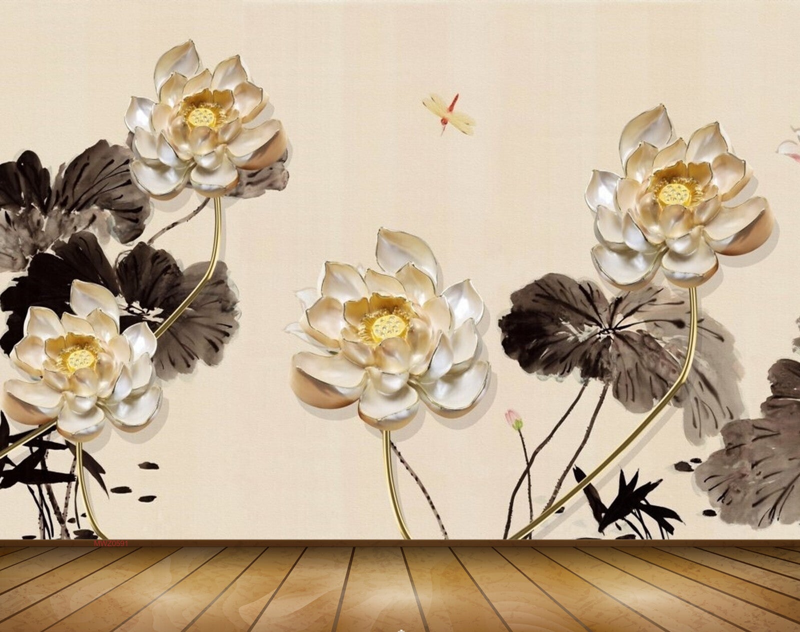 Avikalp MWZ0591 Golden Flowers Black Leaves 3D HD Wallpaper