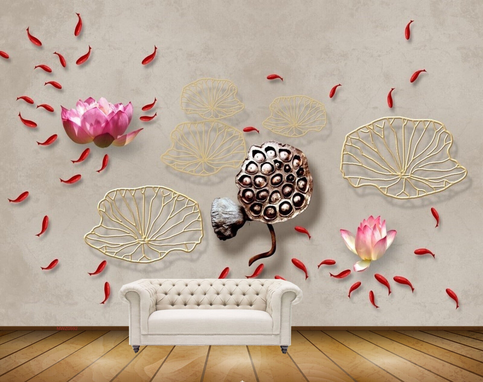 Avikalp MWZ0592 Fishes Pink Flowers Stones 3D HD Wallpaper