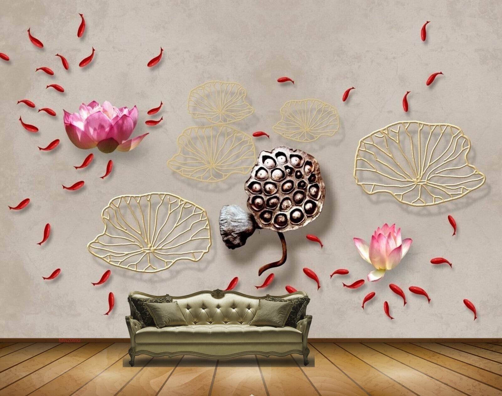 Avikalp MWZ0592 Fishes Pink Flowers Stones 3D HD Wallpaper