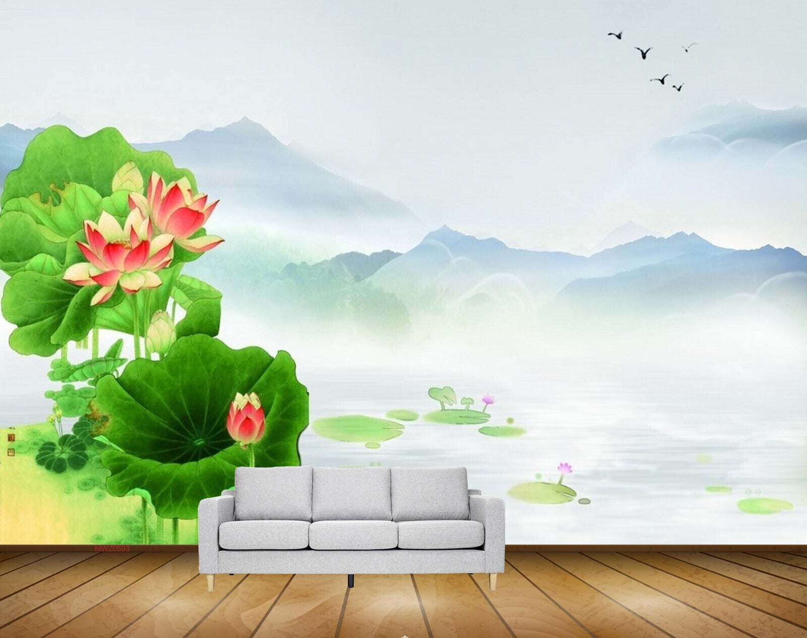 Avikalp MWZ0593 River Birds Pink Red Flowers 3D HD Wallpaper