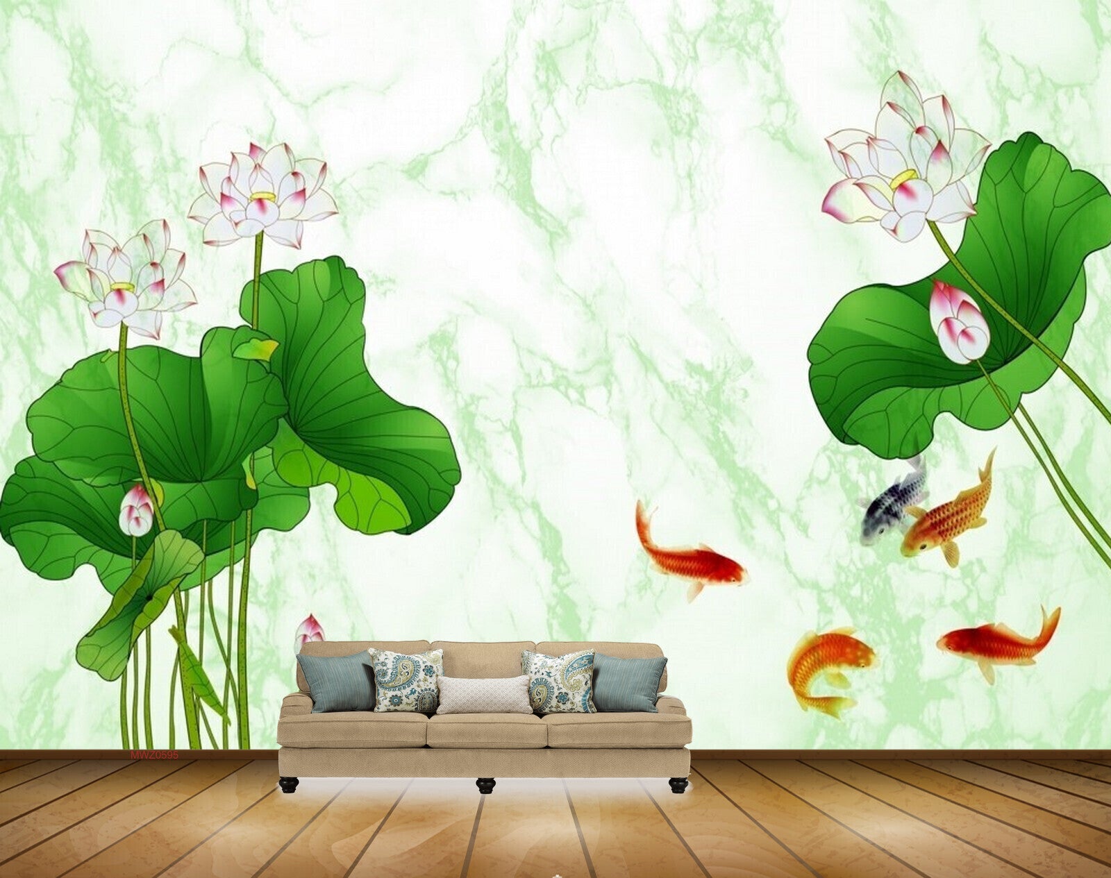 Avikalp MWZ0595 White Pink Flowers Fishes Leaves 3D HD Wallpaper