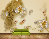 Avikalp MWZ0596 Fishes Golden Leaves Flowers 3D HD Wallpaper