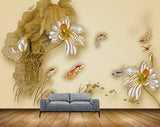 Avikalp MWZ0596 Fishes Golden Leaves Flowers 3D HD Wallpaper