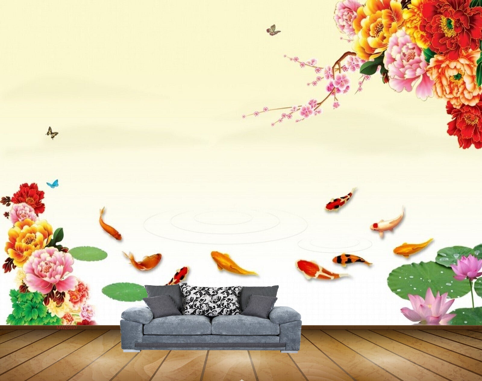 Avikalp MWZ0597 Pink Red Orange Flowers Fishes Butterflies HD Wallpaper