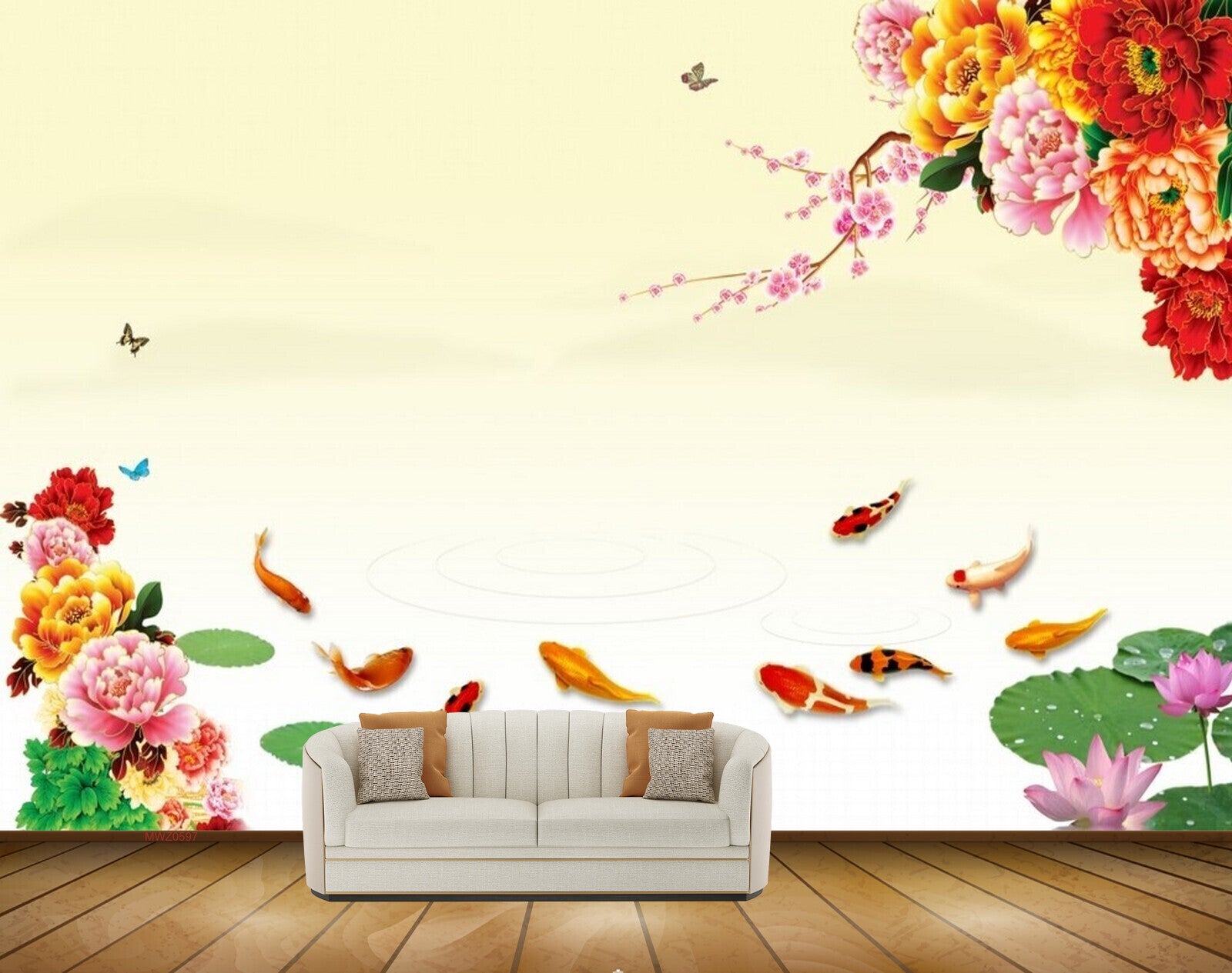 Avikalp MWZ0597 Pink Red Orange Flowers Fishes Butterflies 3D HD Wallpaper