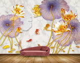 Avikalp MWZ0599 Golden Flower Purple Leaves Fishes 3D HD Wallpaper
