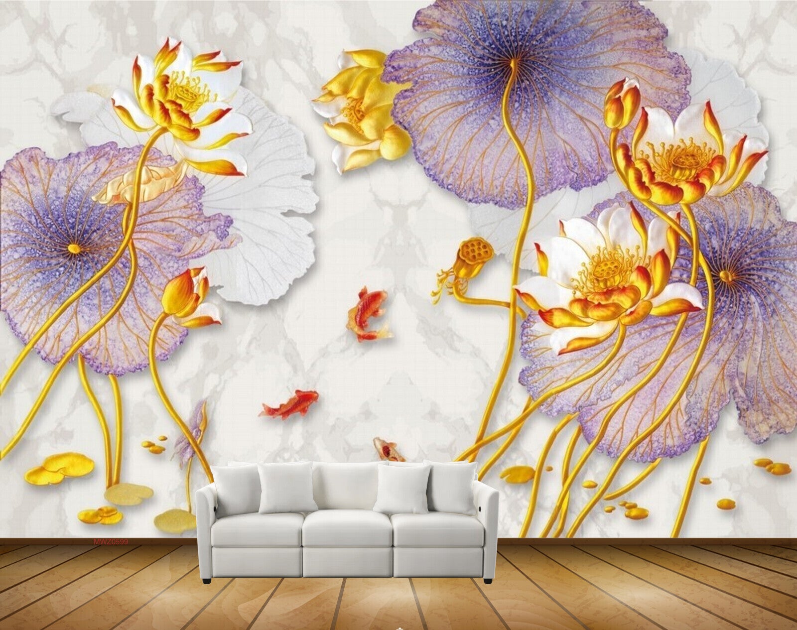 Avikalp MWZ0599 Golden Flower Purple Leaves Fishes 3D HD Wallpaper