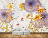 Avikalp MWZ0599 Golden Flower Purple Leaves Fishes 3D HD Wallpaper