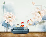 Avikalp MWZ0602 White Flowers Fishes Leaves HD Wallpaper