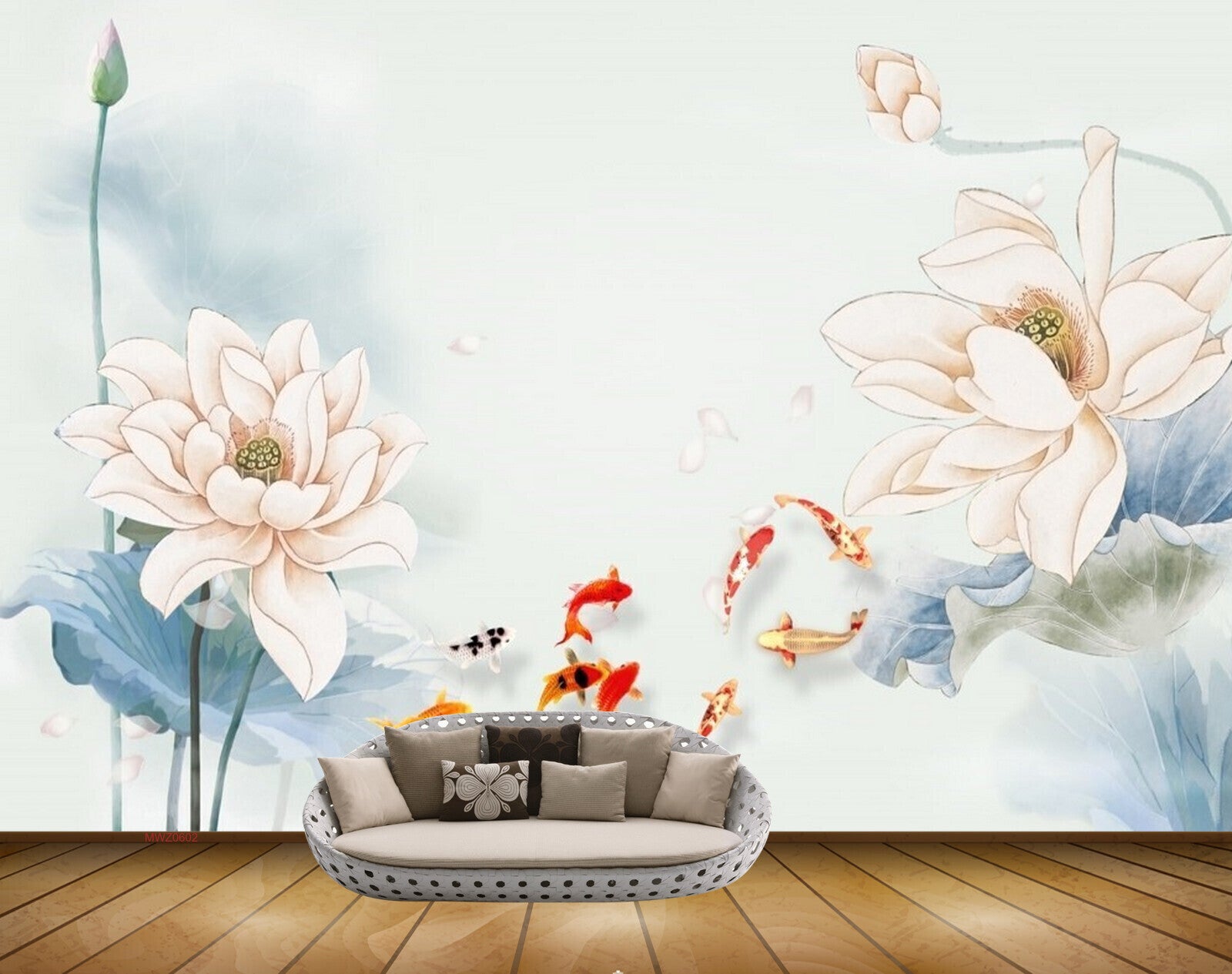 Avikalp MWZ0602 White Flowers Fishes Leaves 3D HD Wallpaper