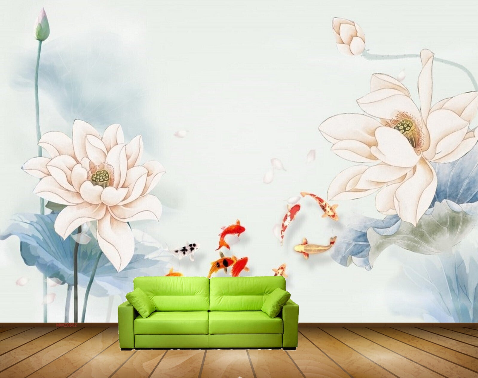 Avikalp MWZ0602 White Flowers Fishes Leaves 3D HD Wallpaper
