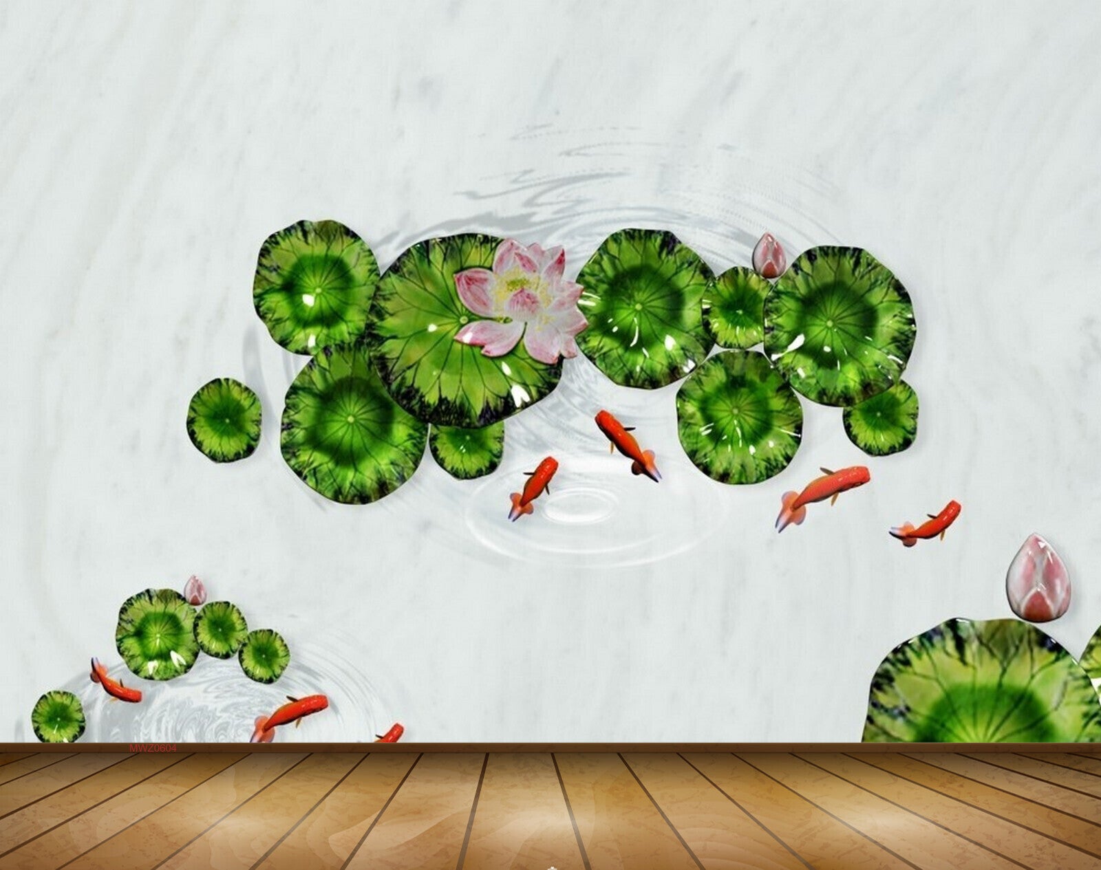 Avikalp MWZ0604 Leaves Fishes Pink Flowers 3D HD Wallpaper