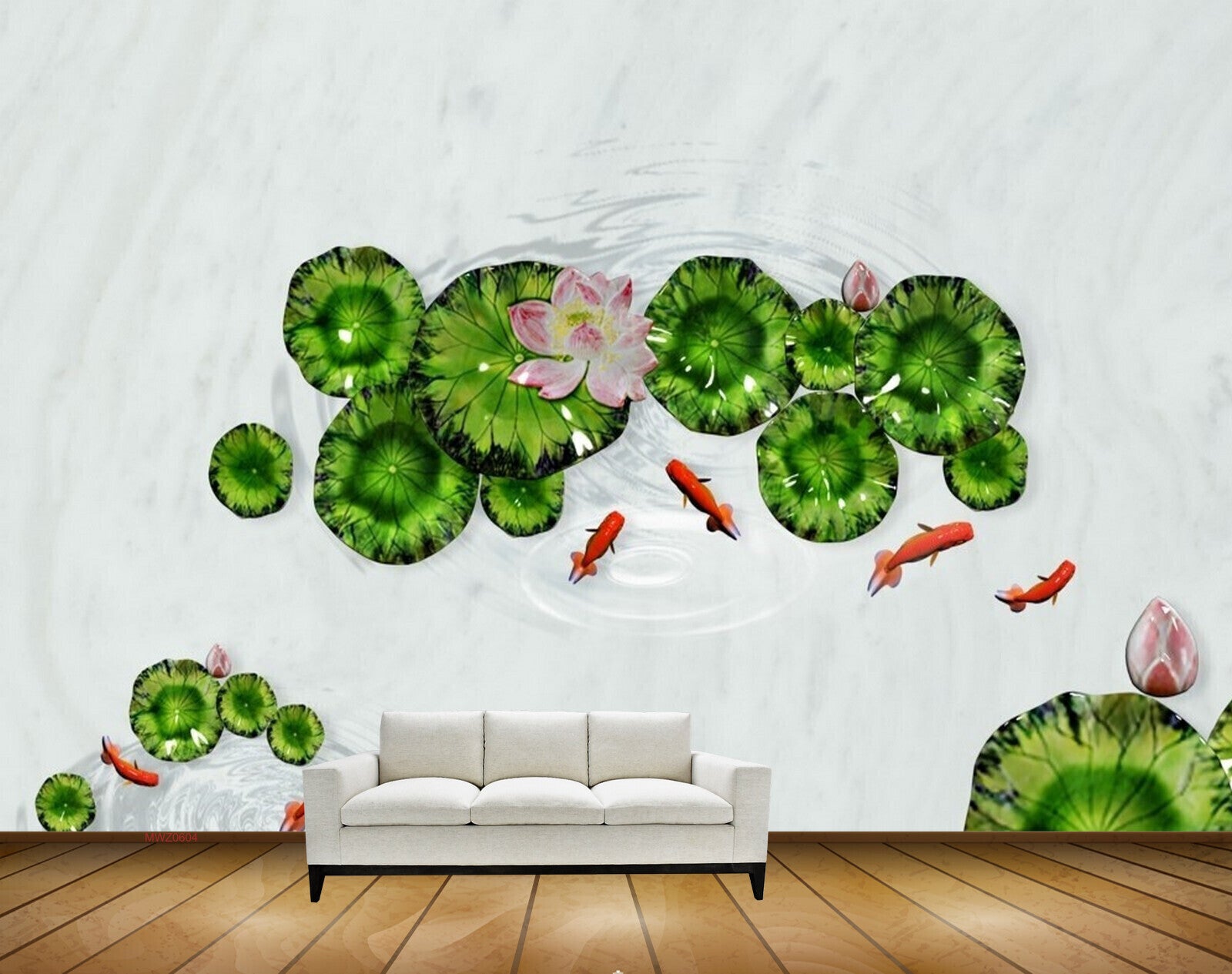 Avikalp MWZ0604 Leaves Fishes Pink Flowers 3D HD Wallpaper