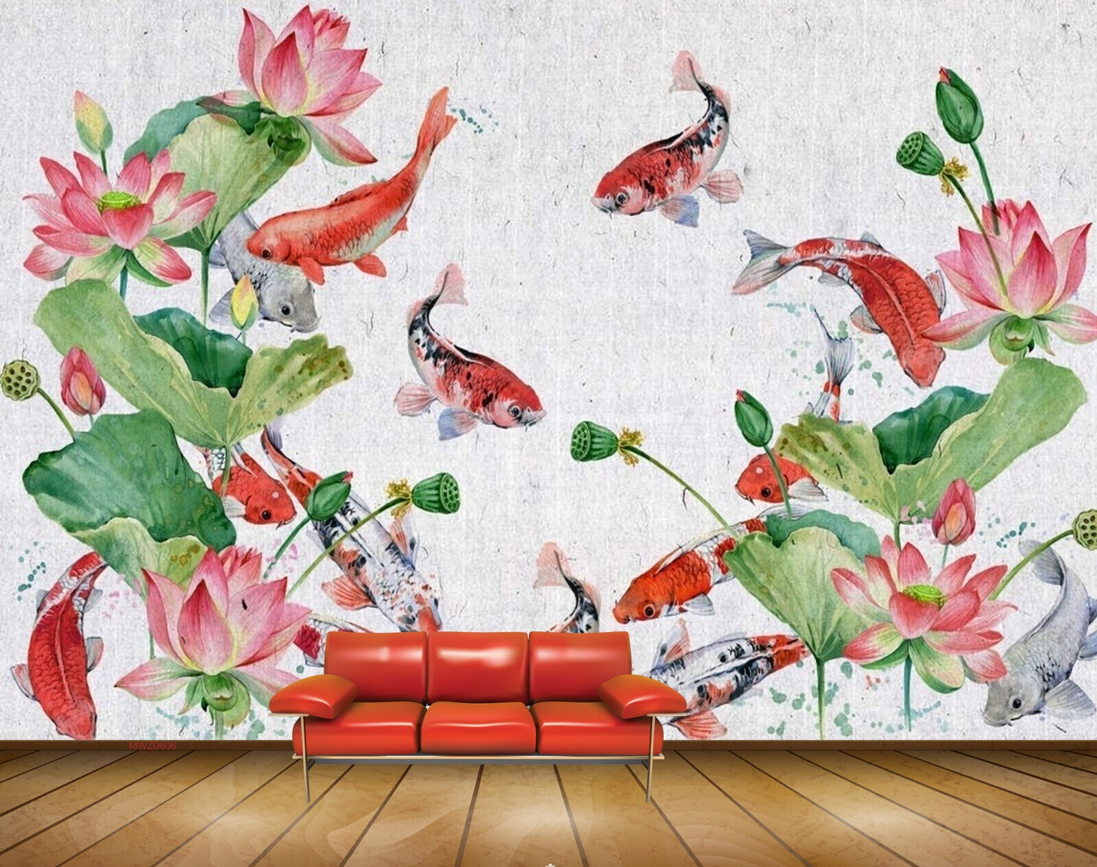 Avikalp MWZ0606 Fishes Red Pink Flowers Leaves 3D HD Wallpaper