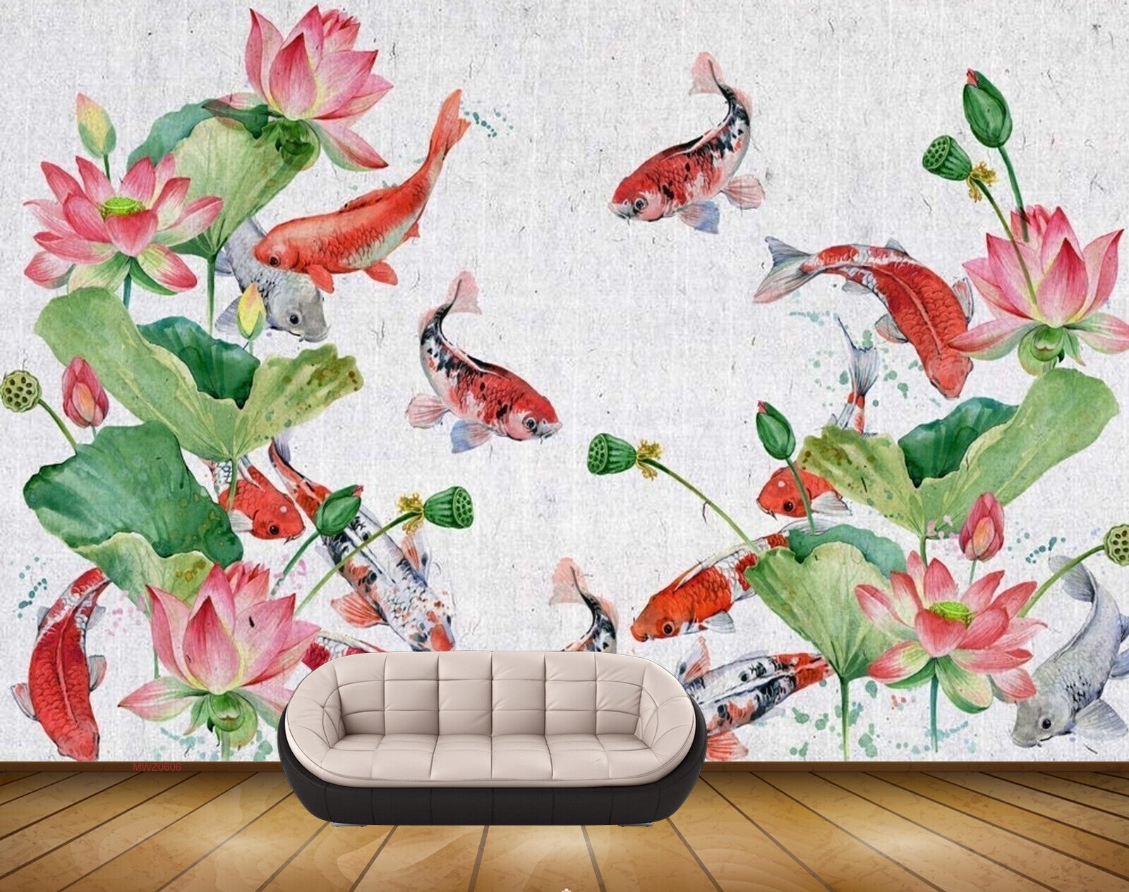 Avikalp MWZ0606 Fishes Red Pink Flowers Leaves 3D HD Wallpaper