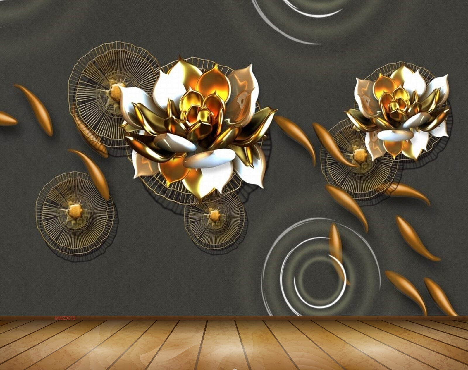 Avikalp MWZ0610 Golden Flowers Fishes 3D HD Wallpaper