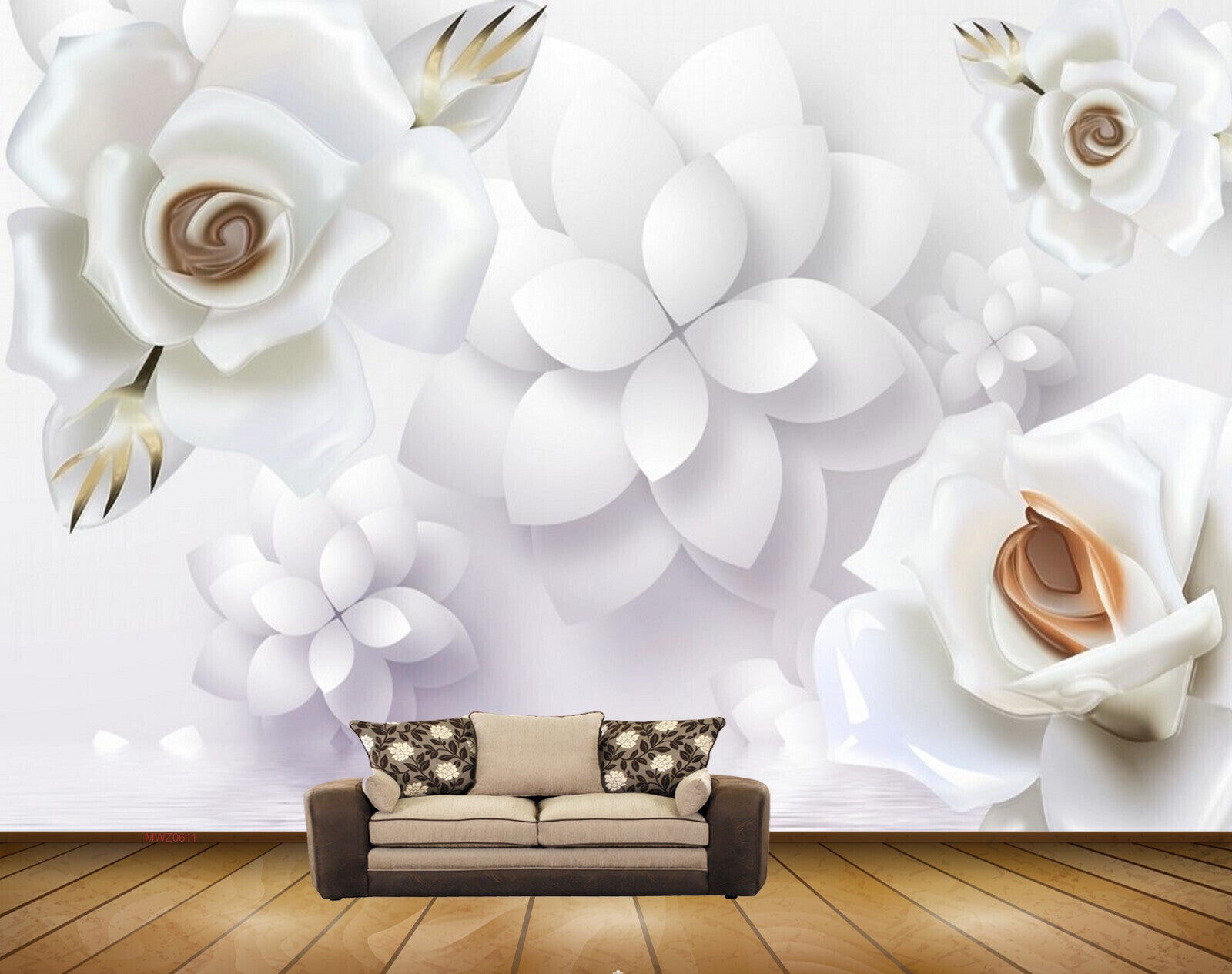 Avikalp MWZ0611 White Flowers Leaves 3D HD Wallpaper