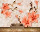 Avikalp MWZ0617 Peach Flowers Golden Leaves HD Wallpaper