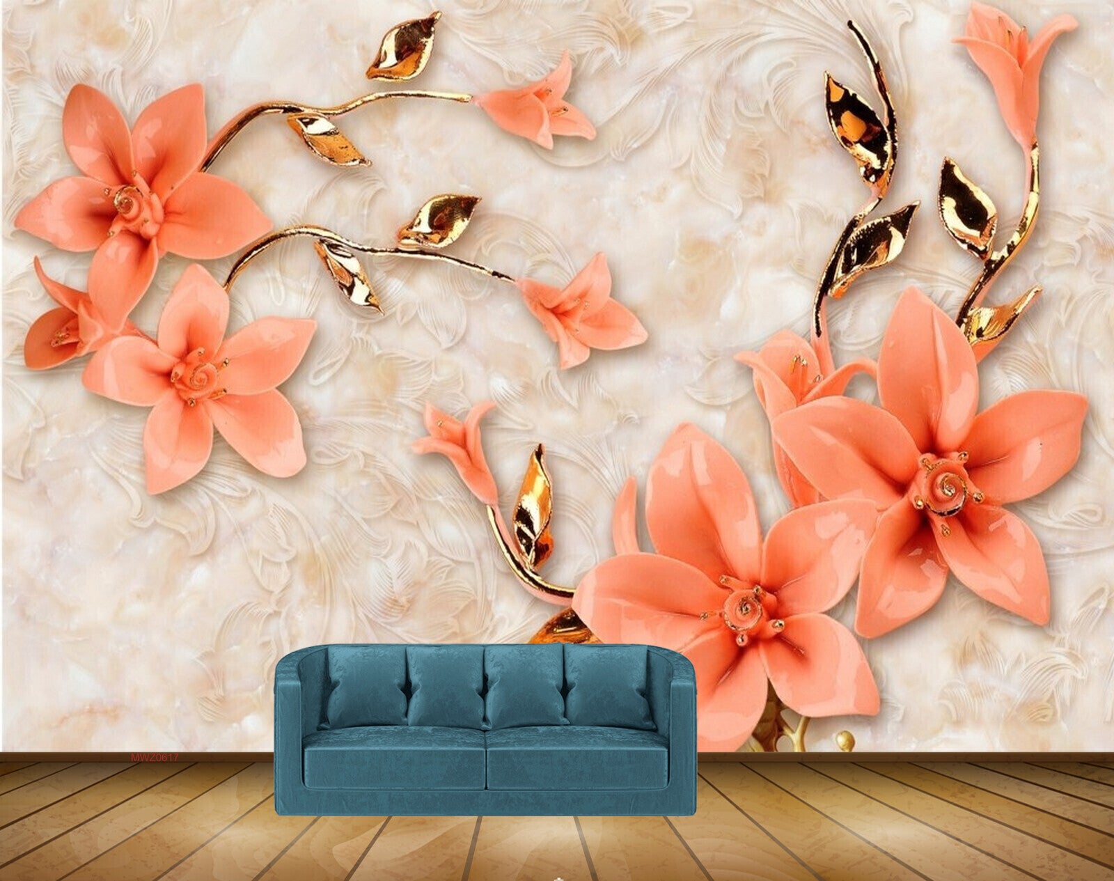Avikalp MWZ0617 Peach Flowers Golden Leaves 3D HD Wallpaper